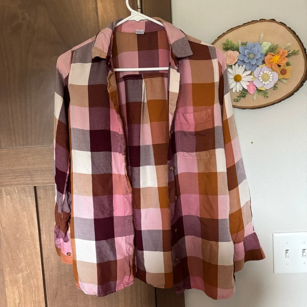 Old Navy Plaid Drapey Flannel Tunic Shirt for Women Size XS Pink Orange Purple - Picture 2 of 6